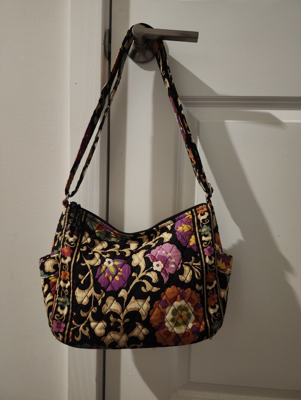 Vera Bradley Black Quilted Floral Shoulder Bag with Multicolor Blooms